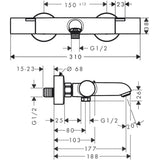 Schéma technique du mitigeur bain-douche Grohe, robinetterie chromée, dimensions détaillées