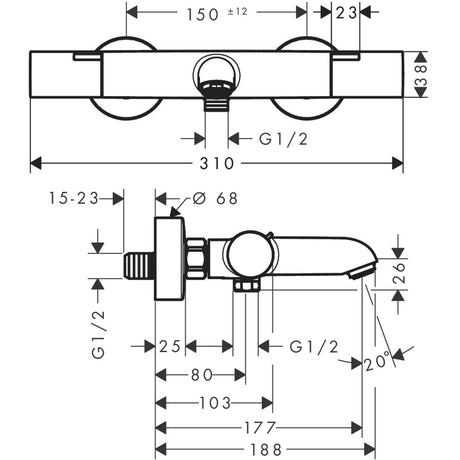 Schéma technique du mitigeur bain-douche Grohe, robinetterie chromée, dimensions détaillées