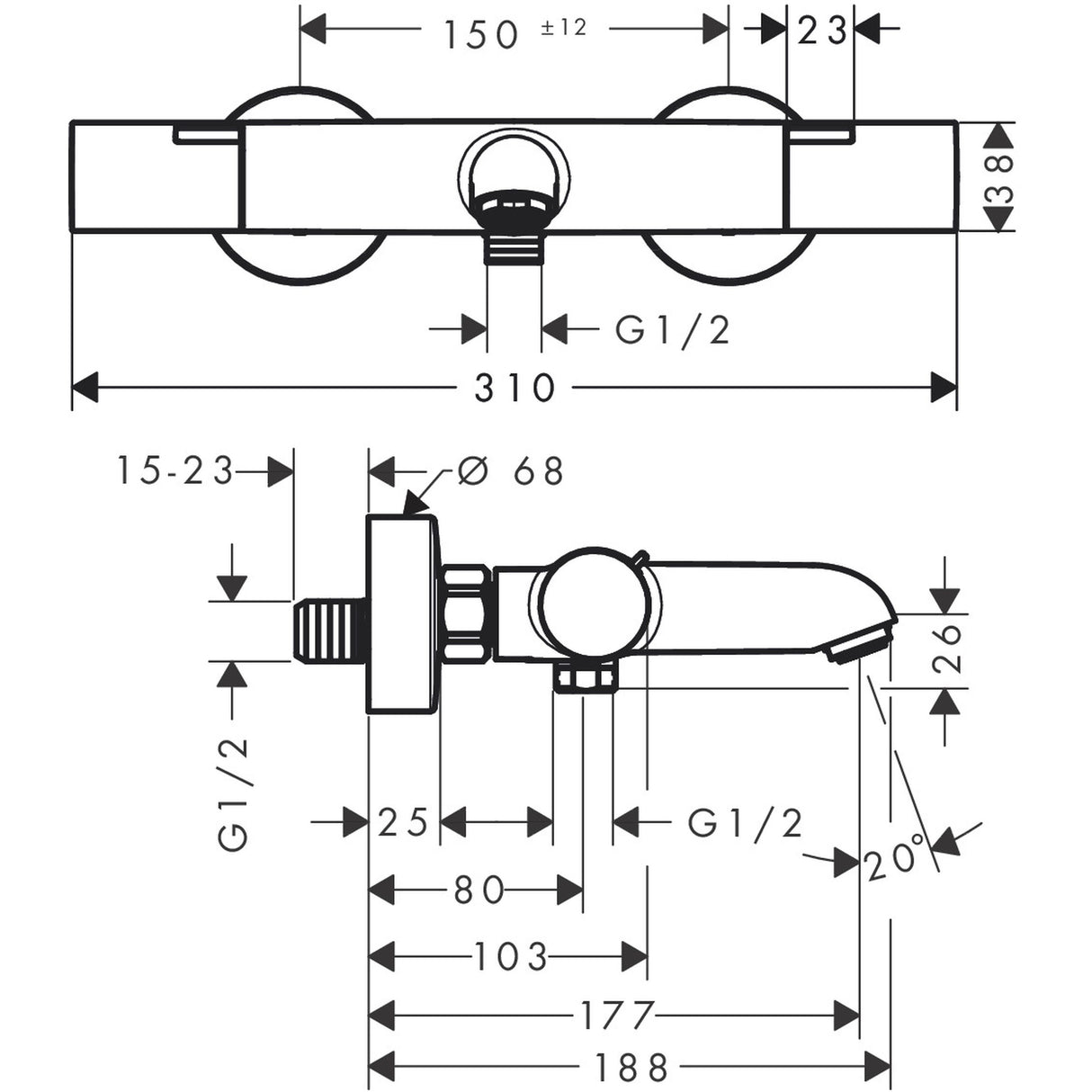 Mitigeur de baignoire Grohe, schéma technique, finition chromée, robinetterie sanitaire.
