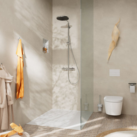 Douche Grohe chrome, colonne de douche thermostatique, salle de bain beige moderne