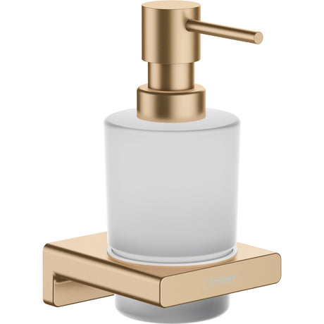 Distributeur de savon Hansgrohe, type mural, couleur dorée et verre dépoli.