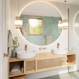 Meuble de salle de bain en bois naturel, double vasque blanche, robinet doré, marque inconnue.