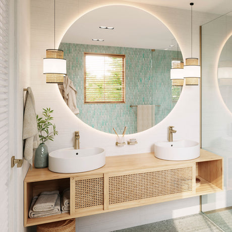 Meuble de salle de bain en bois naturel, double vasque blanche, robinet doré, marque inconnue.