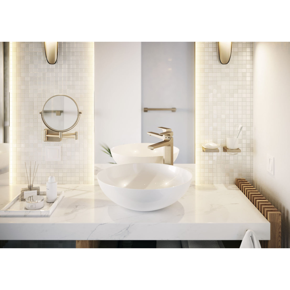 Vasque à poser Grohe, lavabo salle de bain blanc, robinet doré, design moderne