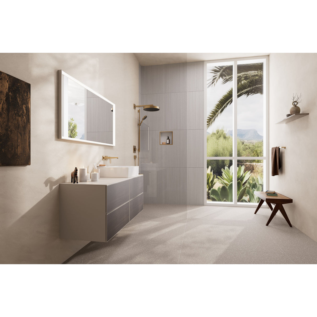 Salle de bain moderne avec robinetterie Grohe, douche et mitigeur dorés, mobilier taupe.