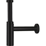 Siphon noir mat Grohe, accessoire de plomberie cylindrique, design moderne.