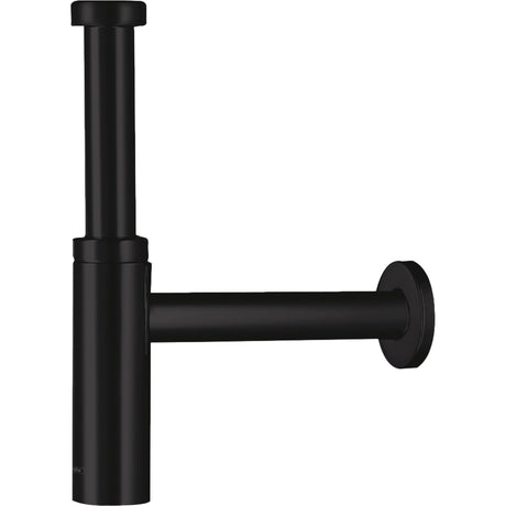 Siphon noir mat Grohe, accessoire de plomberie cylindrique, design moderne.
