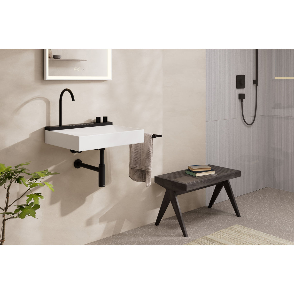 Lavabo blanc Grohe, robinet noir, design moderne, salle de bain contemporaine
