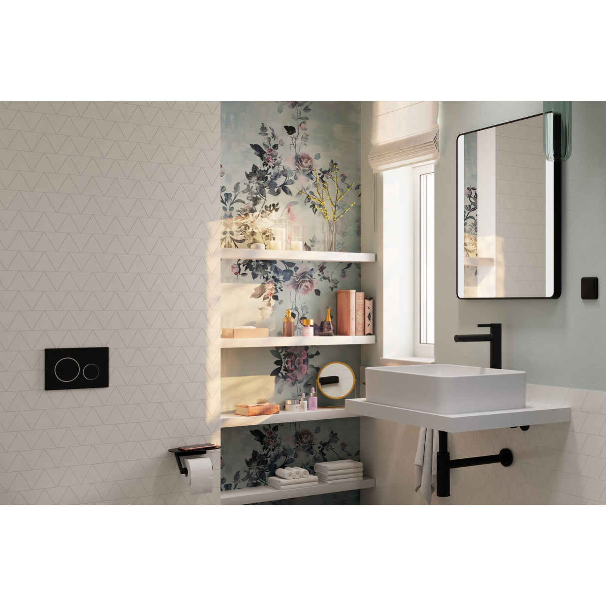 Salle de bain avec robinet noir Grohe, lavabo blanc carré, décoration florale, style moderne
