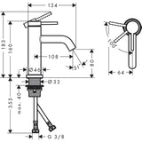 Mitigeur Grohe, robinet de lavabo chrome, schéma technique avec mesures détaillées.
