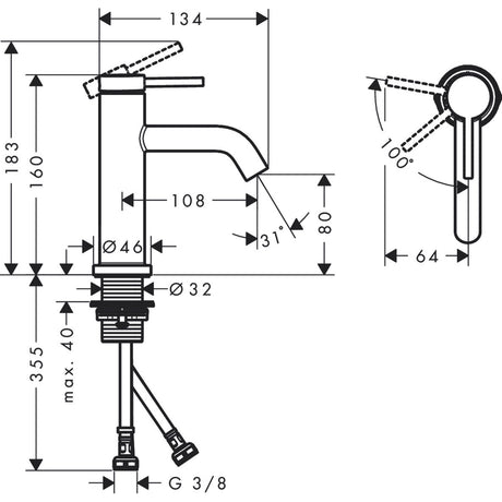 Mitigeur lavabo Grohe chromé avec schéma technique et dimensions détaillées
