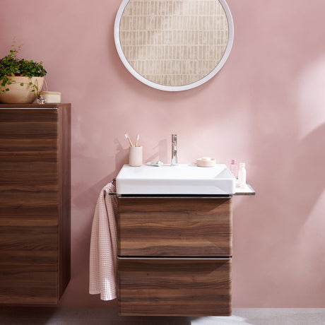 Meuble vasque ROCA, bois marron, avec miroir rond, salle de bain moderne