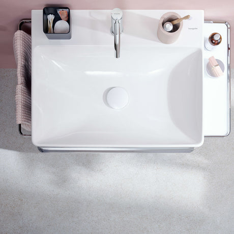 Lavabo blanc Hansgrohe, vasque rectangulaire, robinet chromé, salle de bain moderne.
