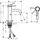 Mitigeur Grohe, robinet lavabo chromé, schéma technique avec dimensions détaillées
