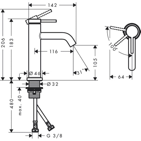 Mitigeur Grohe, robinet lavabo chromé, schéma technique avec dimensions détaillées