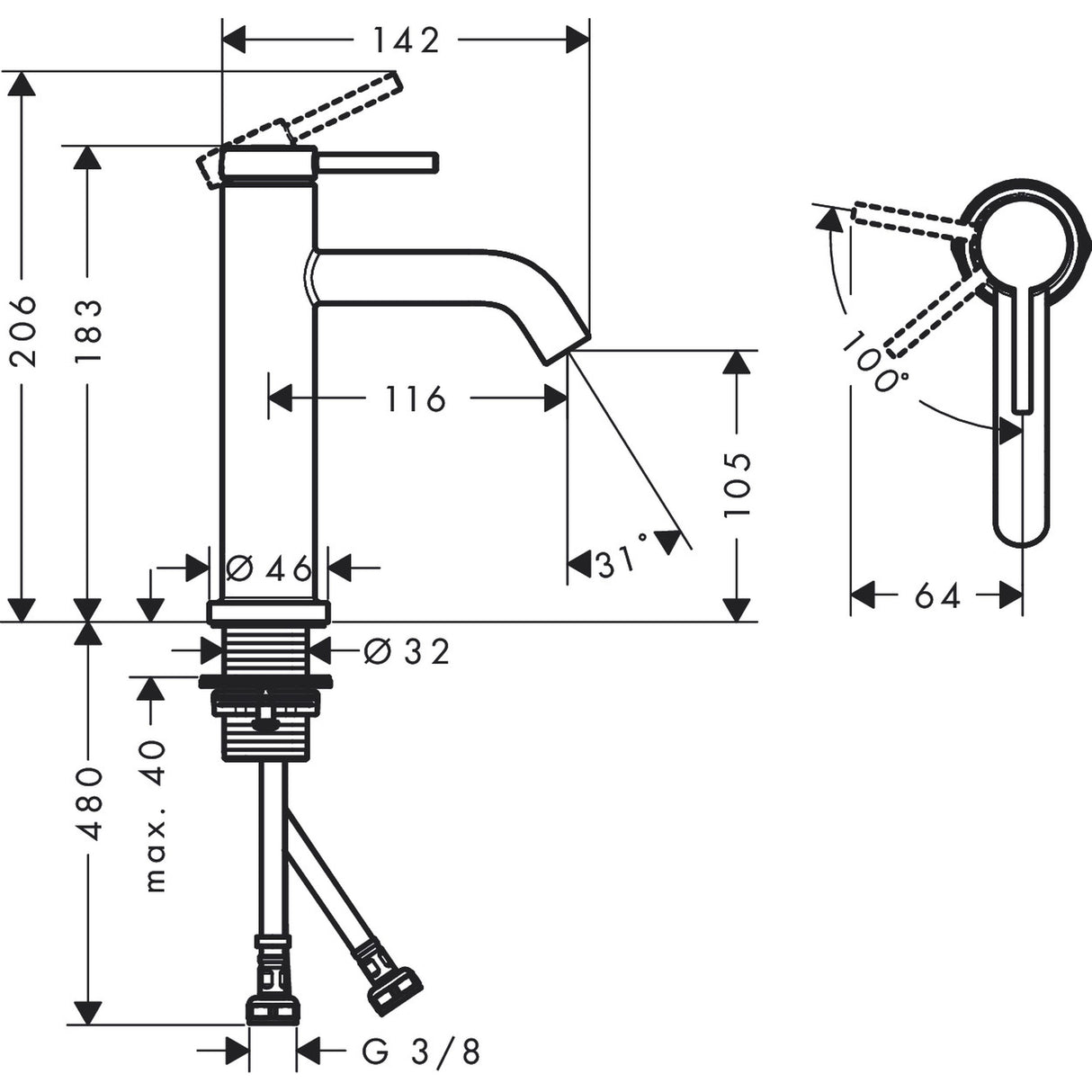 Mitigeur noir Grohe, plan technique avec dimensions détaillées pour lavabo.