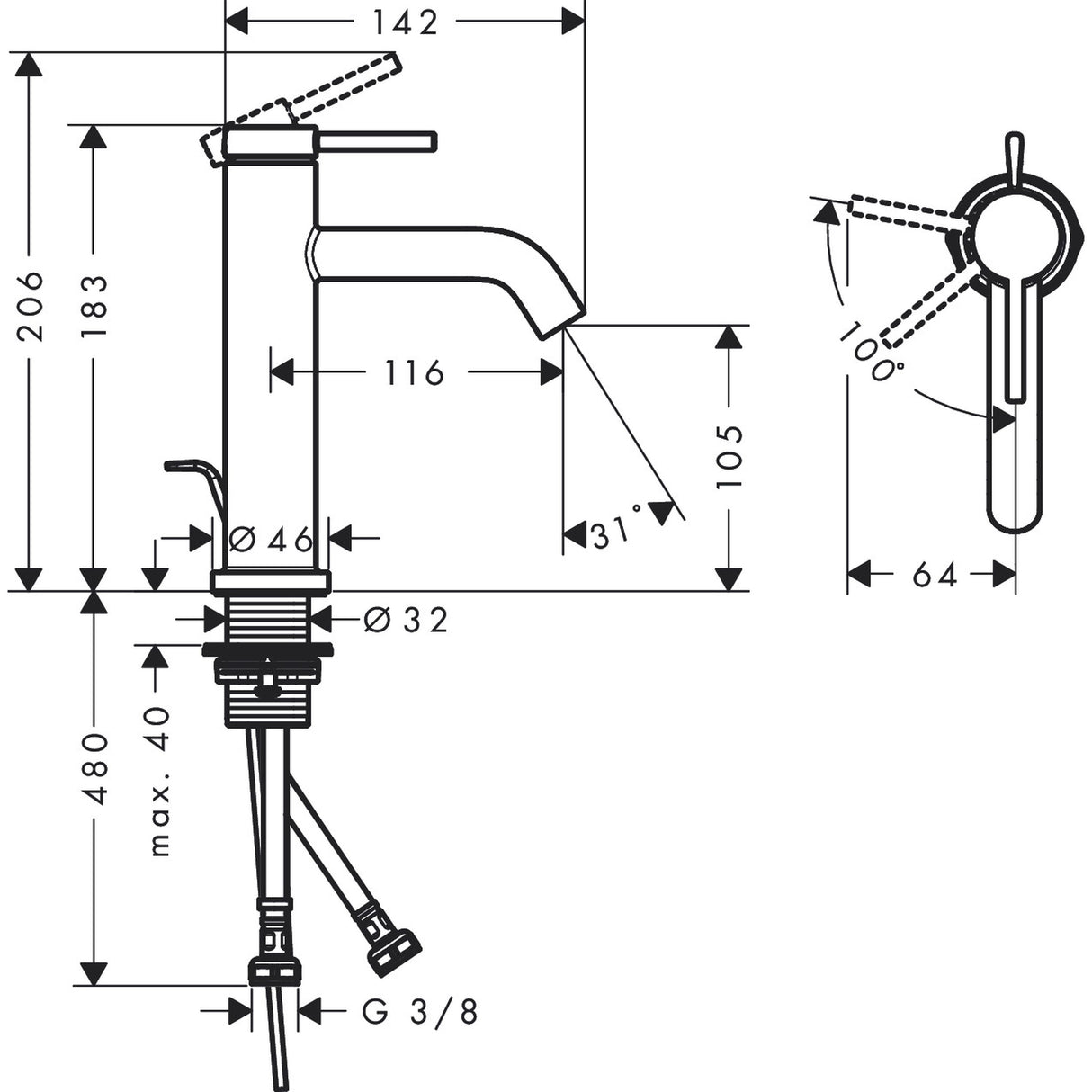 Mitigeur lavabo Grohe, noir, schéma technique avec dimensions détaillées