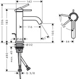 Mitigeur lavabo Grohe, noir, schéma technique avec dimensions détaillées