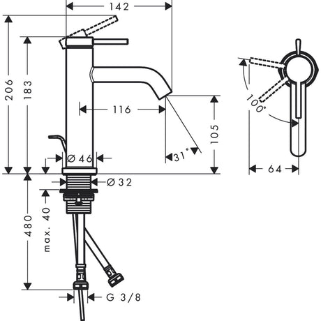 Mitigeur lavabo Grohe, noir, schéma technique avec dimensions détaillées