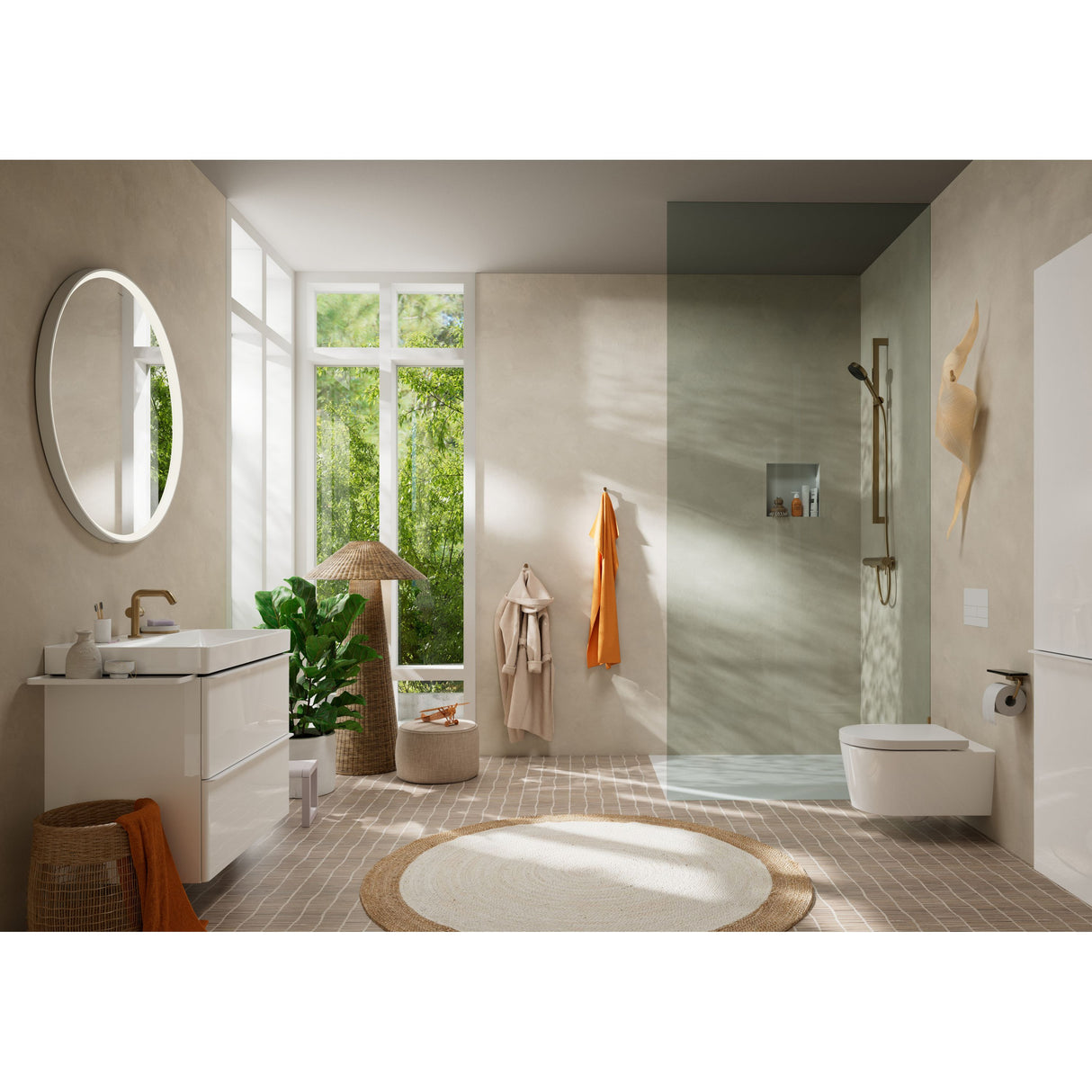 Salle de bain moderne Grohe, meuble vasque blanc, douche à l’italienne beige.