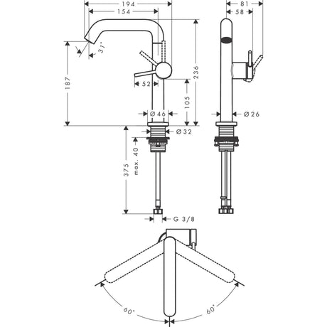 Schéma technique mitigeur Grohe, robinet de cuisine chromé, dimensions détaillées