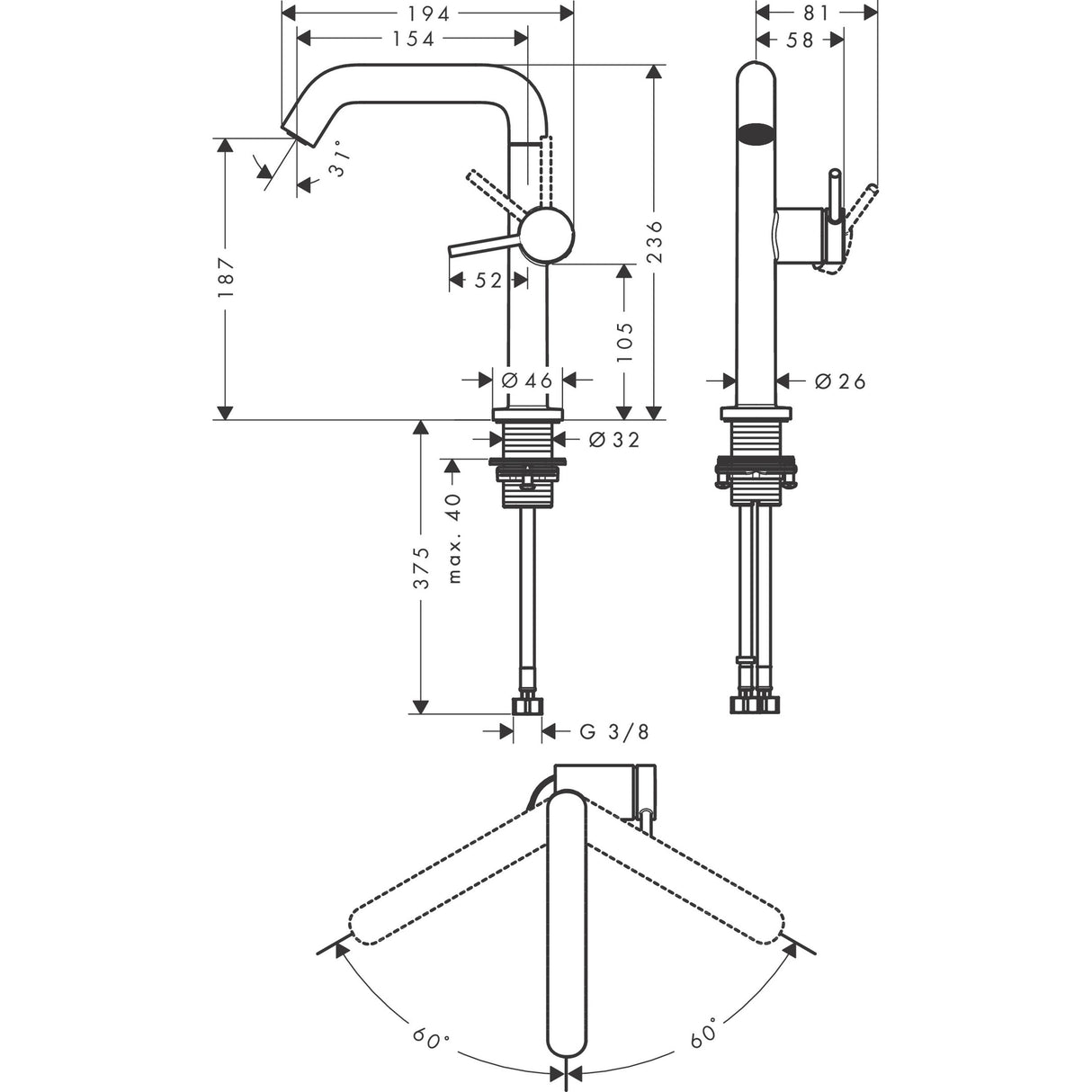Schéma technique robinet mitigeur Grohe, chrome, dimensions détaillées
