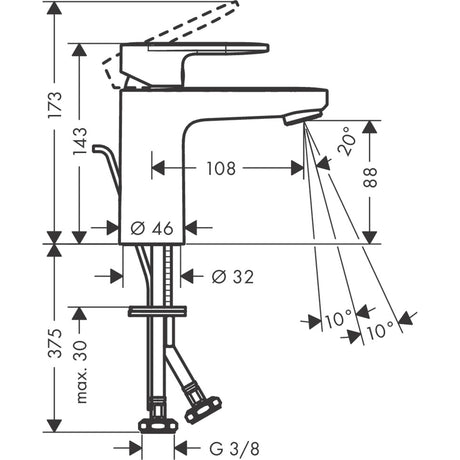 Mitigeur Grohe, robinet lavabo, chrome, schéma technique avec dimensions détaillées
