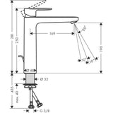 Mitigeur lavabo Grohe chromé, schéma technique avec dimensions détaillées