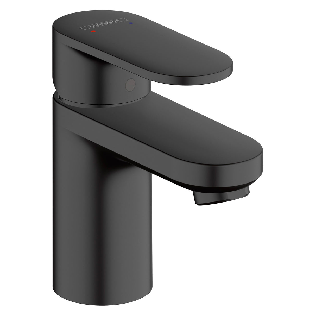 Mitigeur Hansgrohe noir mat, robinet de salle de bain moderne, design cylindrique.