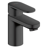 Mitigeur Hansgrohe noir mat, robinet de salle de bain moderne, design cylindrique.