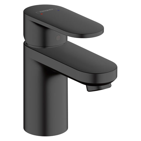 Mitigeur Hansgrohe noir mat, robinet de salle de bain moderne, design cylindrique.