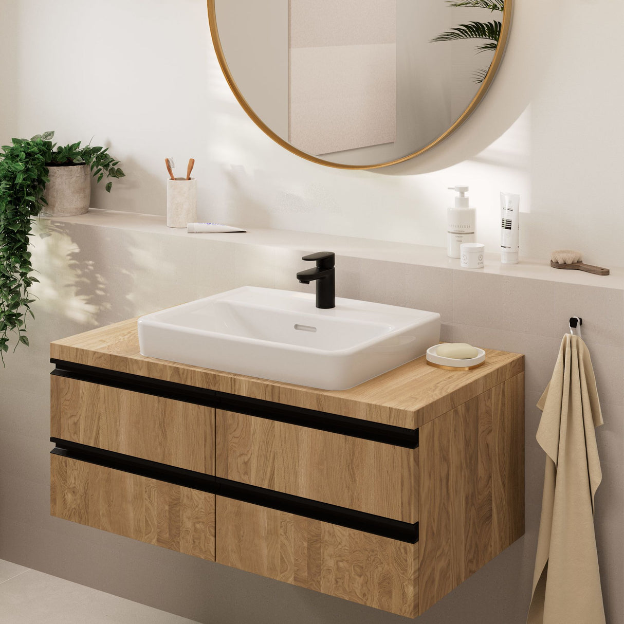 Meuble sous-vasque bois clair avec robinet noir, type salle de bain, marque inconnue