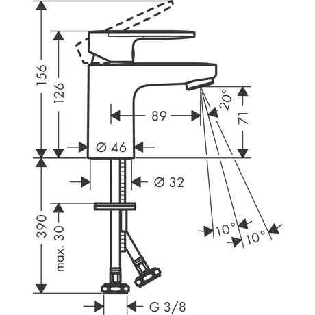 Mitigeur Grohe, robinet chromé pour lavabo, schéma technique avec dimensions visibles