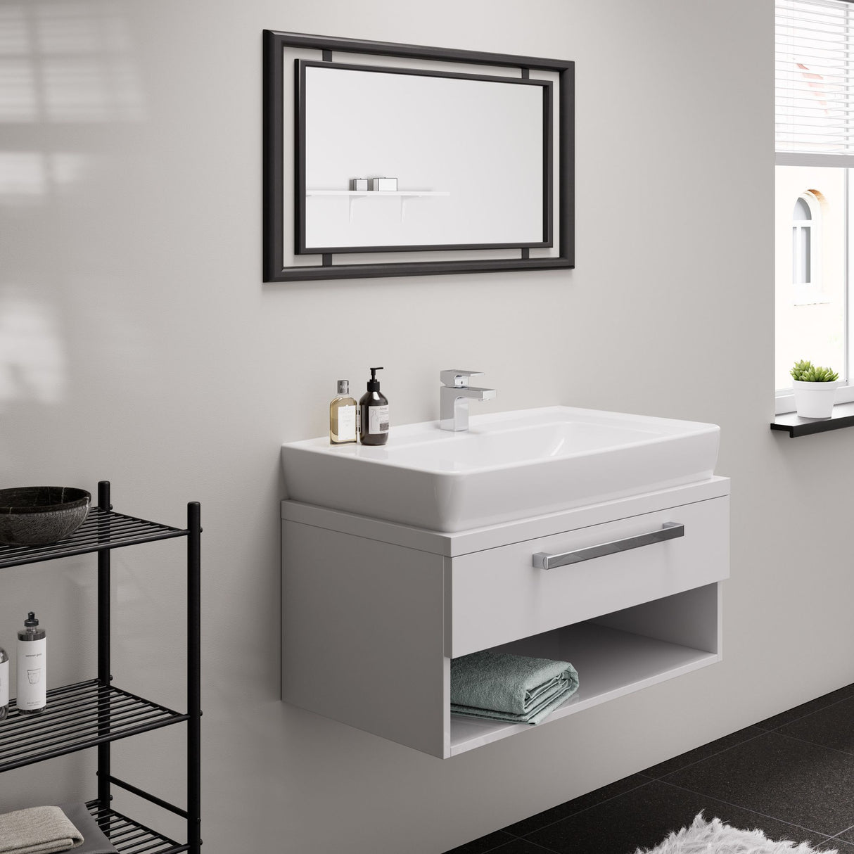 Meuble lavabo Grohe blanc avec tiroir et étagère, design moderne, salle de bain