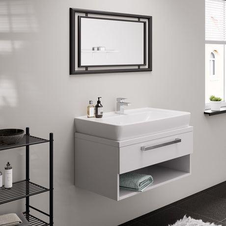 Meuble lavabo Grohe blanc avec tiroir et étagère, design moderne, salle de bain
