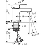 Mitigeur Grohe, robinet salle de bain chromé, schéma technique avec dimensions.