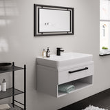 Meuble de salle de bain blanc avec robinet noir, miroir rectangulaire, marque inconnue