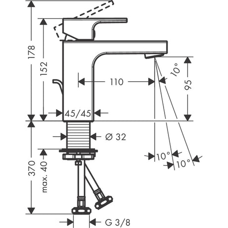 Mitigeur Grohe, robinet de lavabo chromé, schéma technique avec dimensions