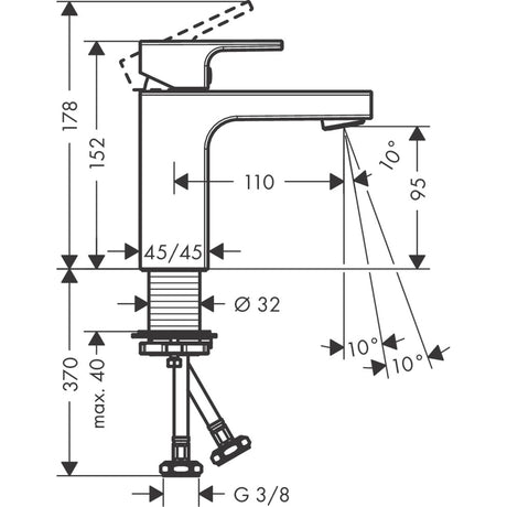 Mitigeur Grohe, robinet de salle de bain, couleur chrome, schéma technique avec dimensions.