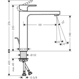 Schéma technique mitigeur lavabo Grohe, robinet chromé, dimensions détaillées