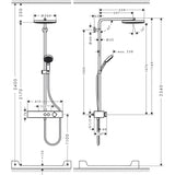 Schéma technique colonne de douche Grohe, finition chromée, mitigeur thermostatique