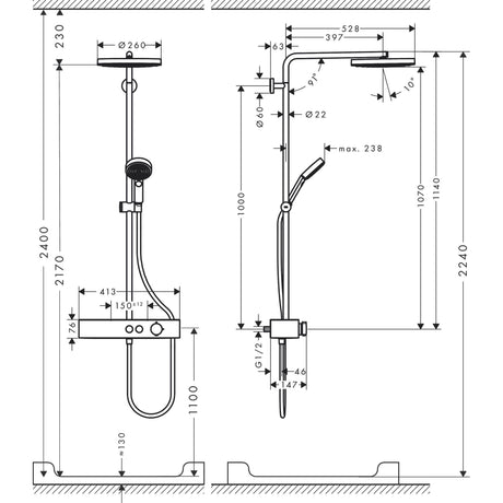 Schéma technique colonne de douche Grohe, finition chromée, mitigeur thermostatique