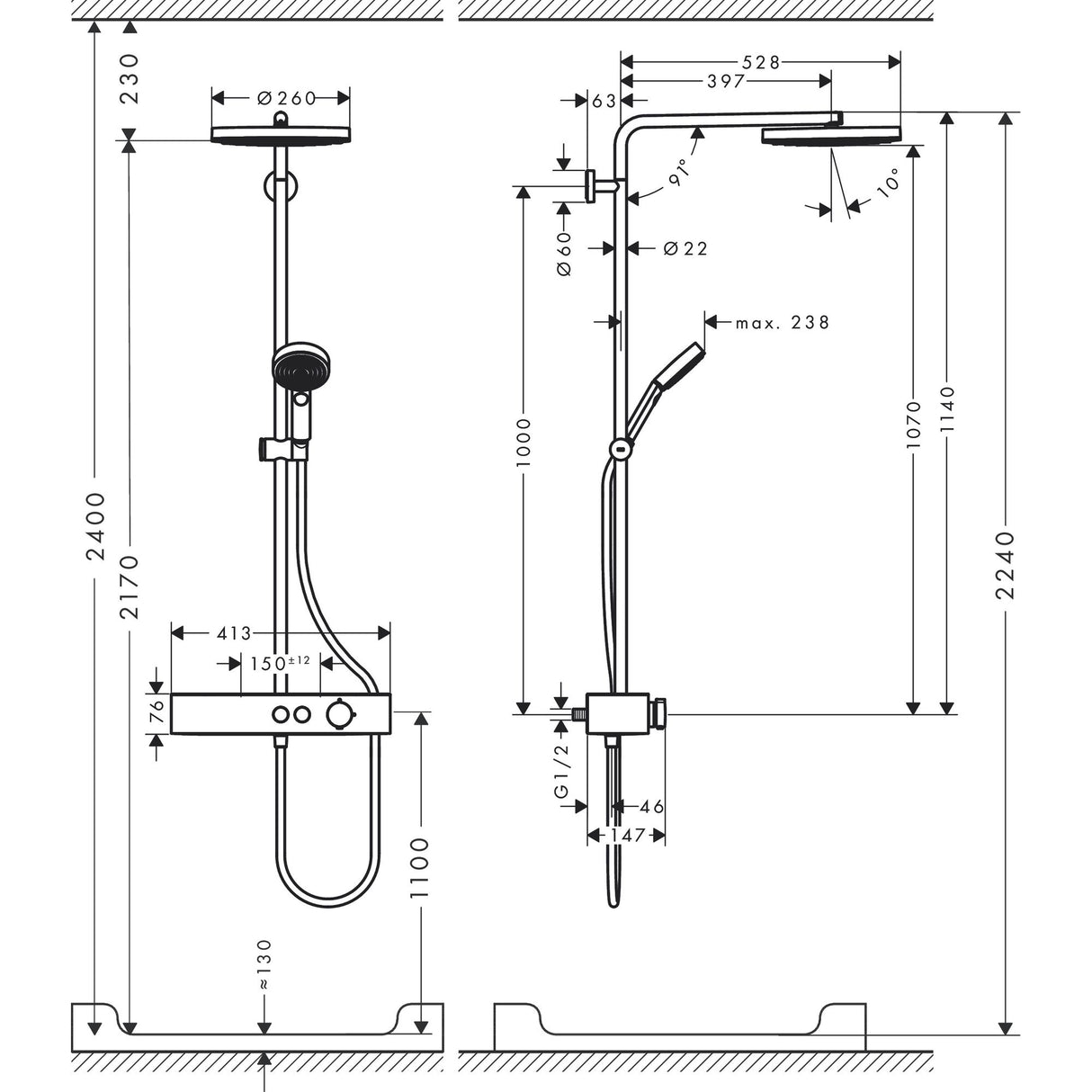 Schéma technique d'une colonne de douche Grohe, couleur chromée, avec pommeau rond.