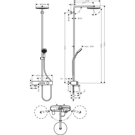 Colonne de douche Grohe, dessin technique, couleur chromée.