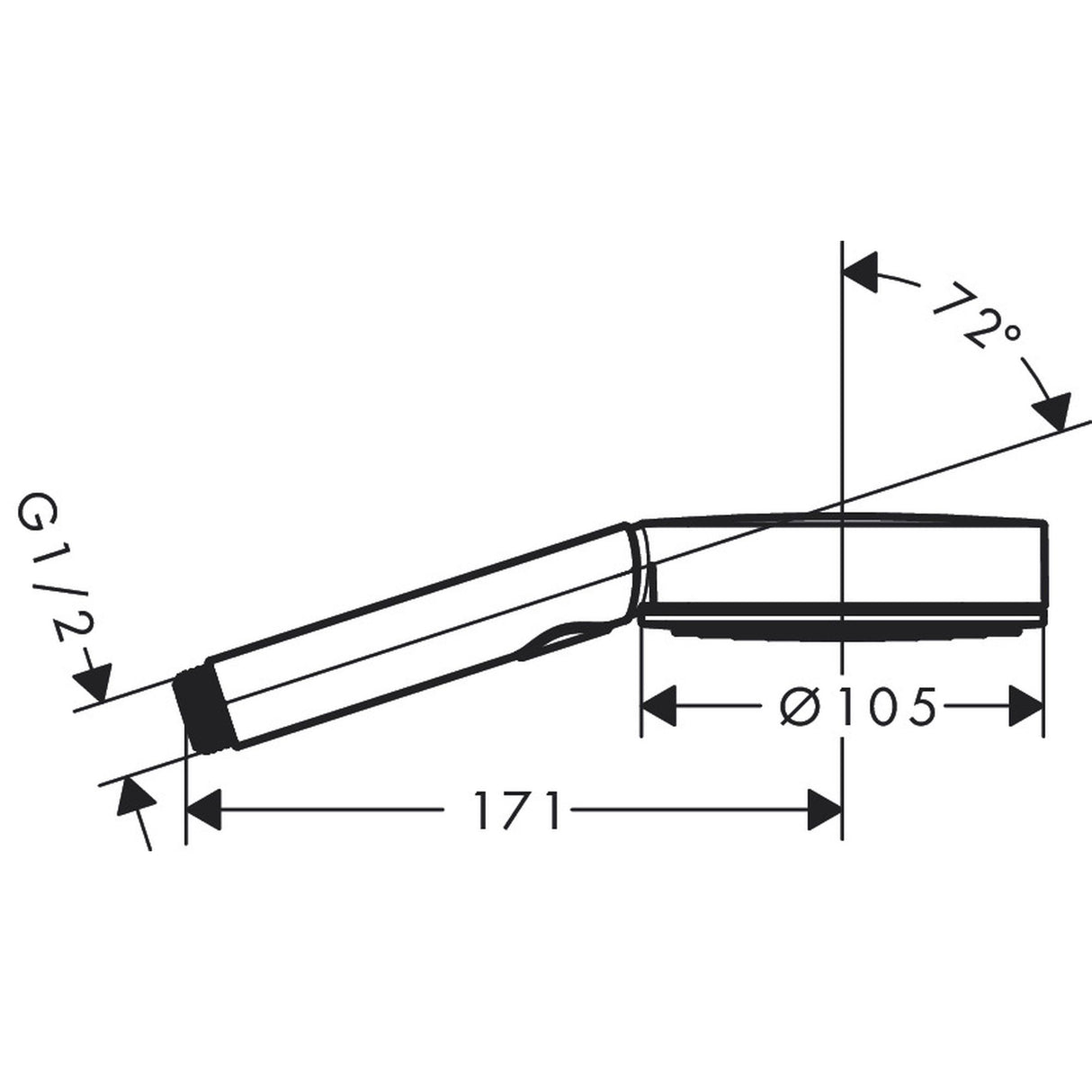 Douchette Grohe, main, chromée, schéma technique avec dimensions et inclinaison