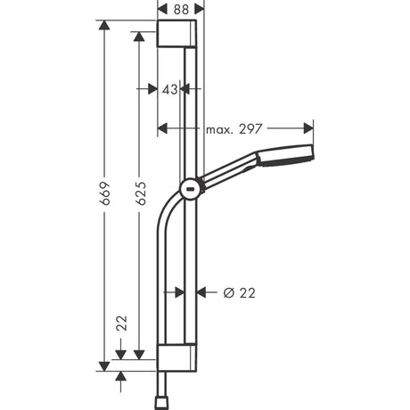 Barre de douche Grohe chromée avec douchette, schéma technique et dimensions visibles