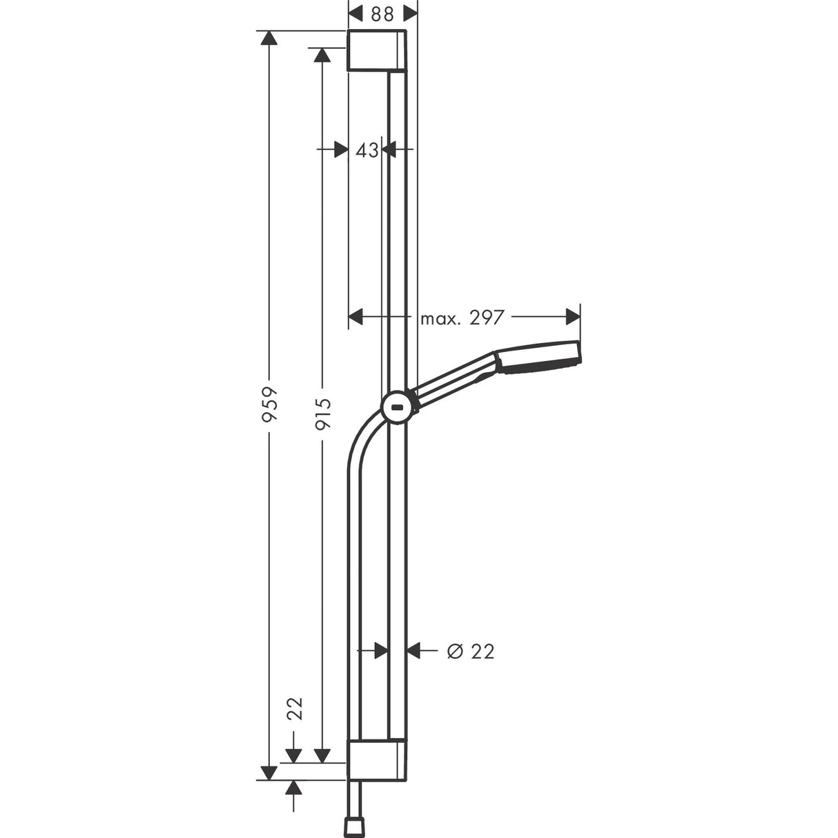 Barre de douche Grohe, type rail de douche, couleur chrome, schéma technique avec dimensions.