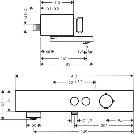 Plan technique mitigeur thermostatique Grohe, type robinet, couleur chrome, cotes détaillées.