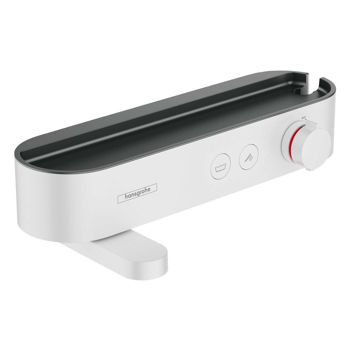 Mitigeur bain-douche blanc Hansgrohe avec boutons de commande et design moderne.