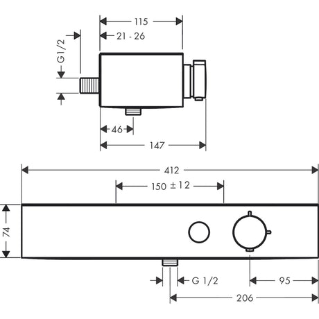 Plan technique mitigeur thermostatique Grohe, produit chromé, dimensions détaillées
